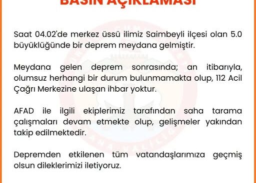 Adana’nın Saimbeyli İlçesinde Bugün Sabah Saat 04.02  ‘de 5.0 Büyüklüğünde DEPREM Meydana Geldi. Deprem Çevre İlçelerden de Hissedildi…Konuya Dair Adana Valiliği Açıklamada Bulundu…
