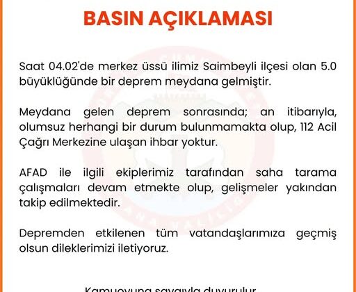 Adana’nın Saimbeyli İlçesinde Bugün Sabah Saat 04.02  ‘de 5.0 Büyüklüğünde DEPREM Meydana Geldi. Deprem Çevre İlçelerden de Hissedildi…Konuya Dair Adana Valiliği Açıklamada Bulundu…